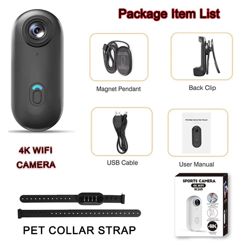 4K HD Outdoor Magnetic POV Camera 30FPS Mini Pet Vlogging Collar Camera for Cats Dogs Wireless Back Clip Mount Necklace Bodycam