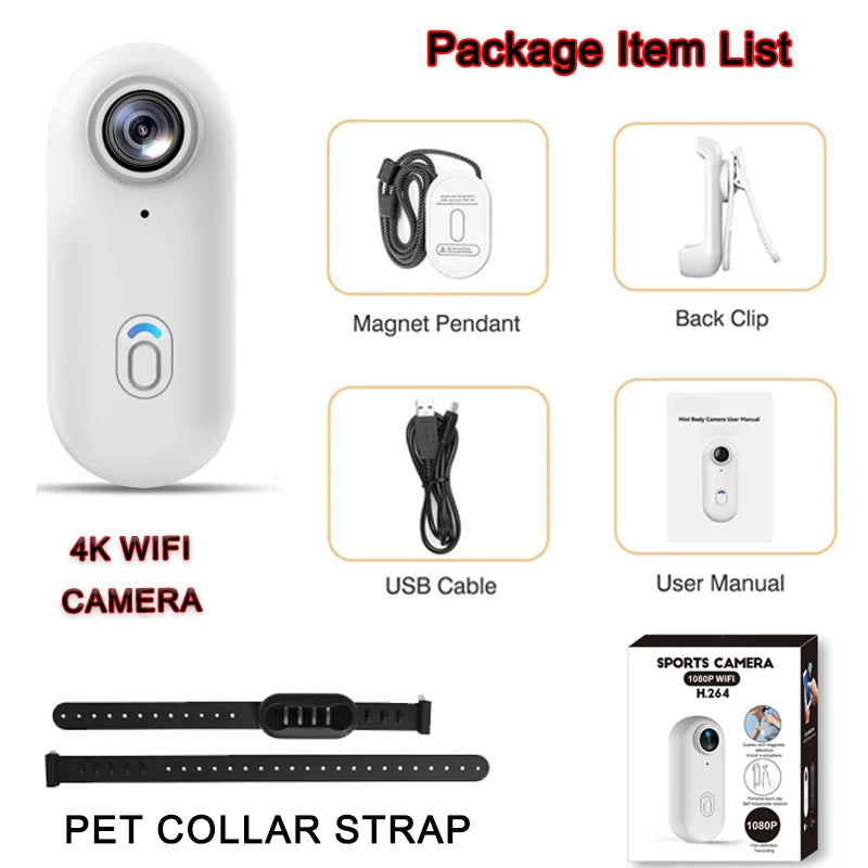 4K HD Outdoor Magnetic POV Camera 30FPS Mini Pet Vlogging Collar Camera for Cats Dogs Wireless Back Clip Mount Necklace Bodycam